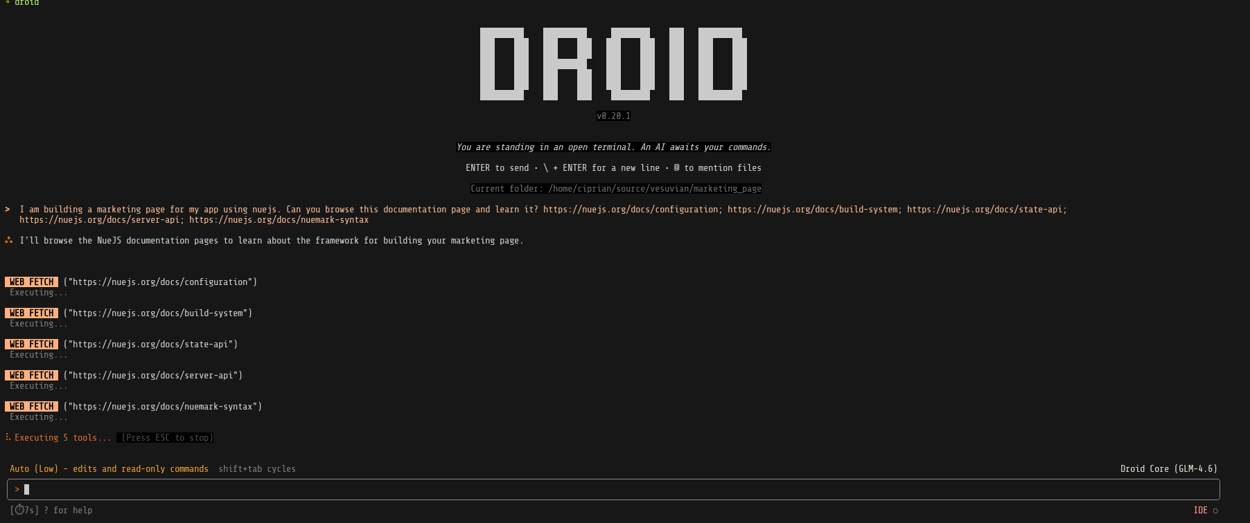 Droid browsing Nue.js documentation
